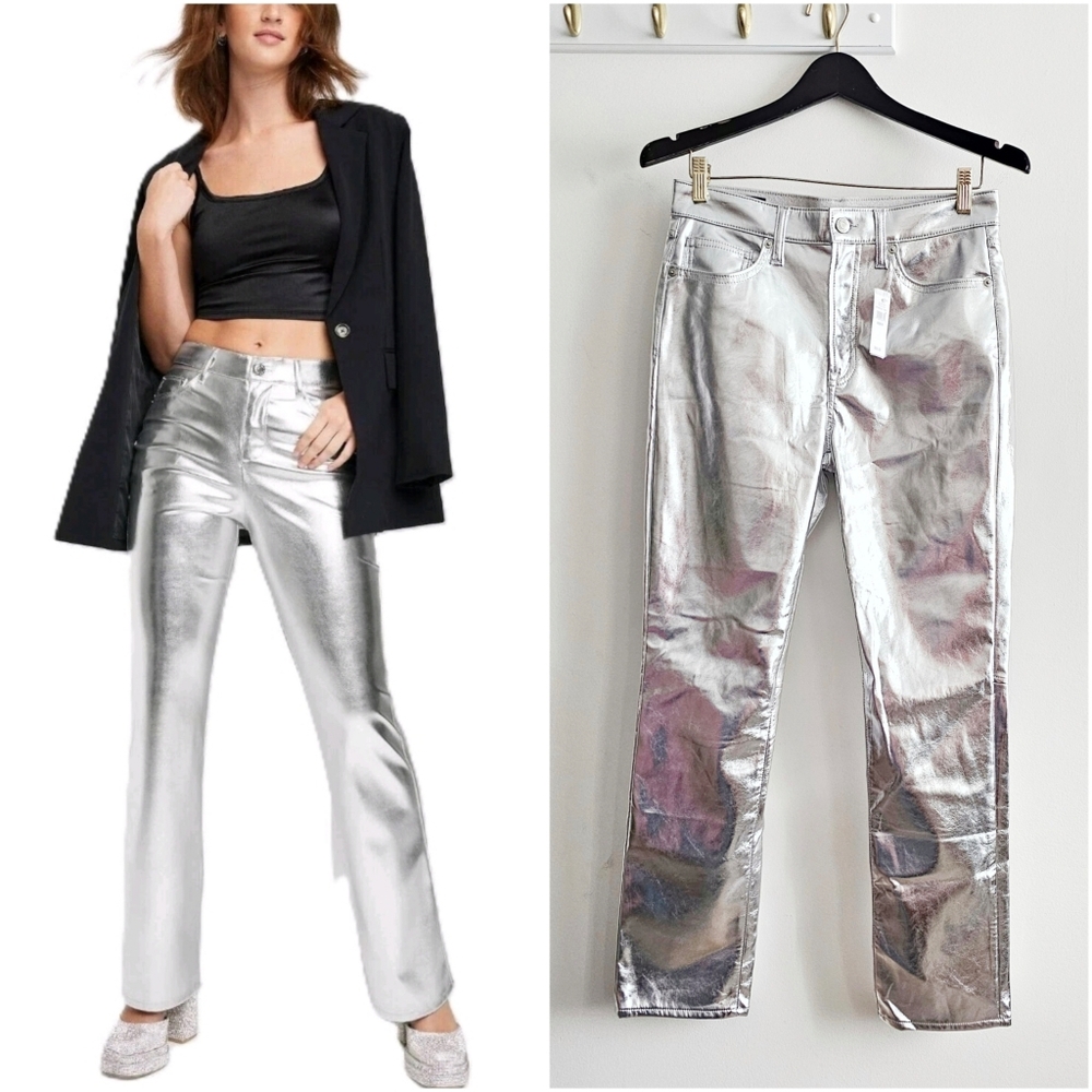 ✨ GAP High Rise Vintage Slim Silver Faux-Leather Jeans Size 6/28R Shiny Metallic